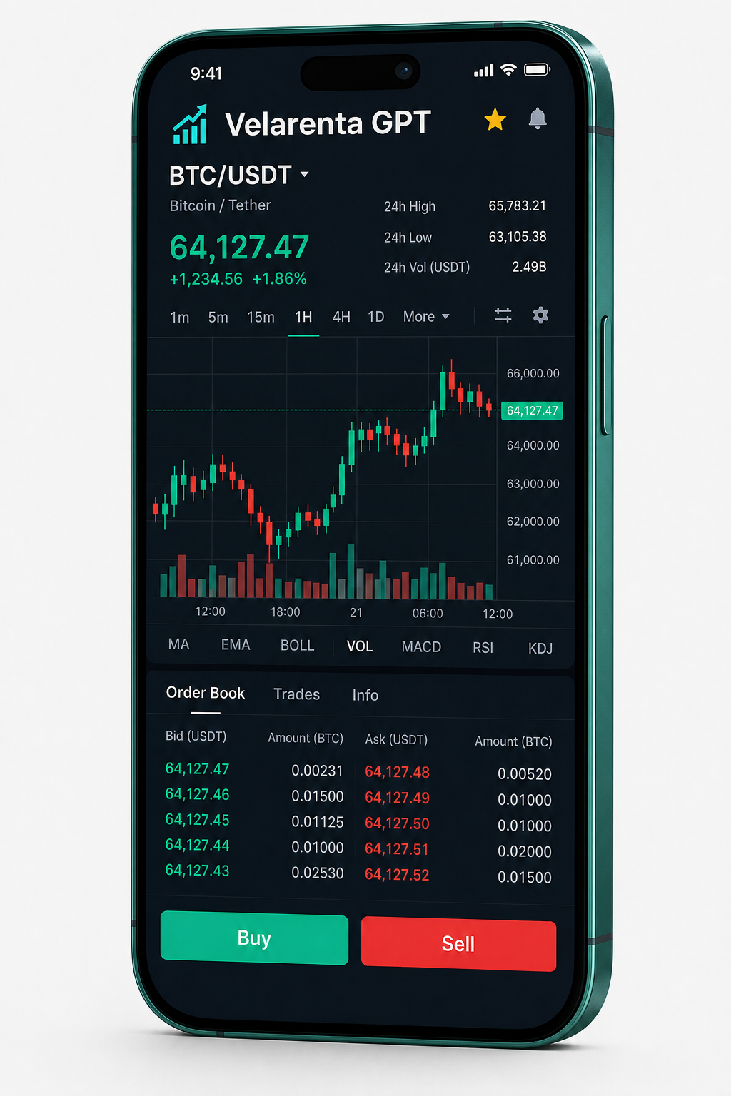 Vardena Solmerio entorno móvil de trading: gráfico BTC/USDT en tiempo real, libro de órdenes y panel de compra/venta